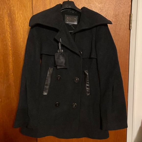 NWT MACKAGE XS Raffy Wool Cashmere Double Breasted Peacoat w/ Leather Details - Picture 7 of 15